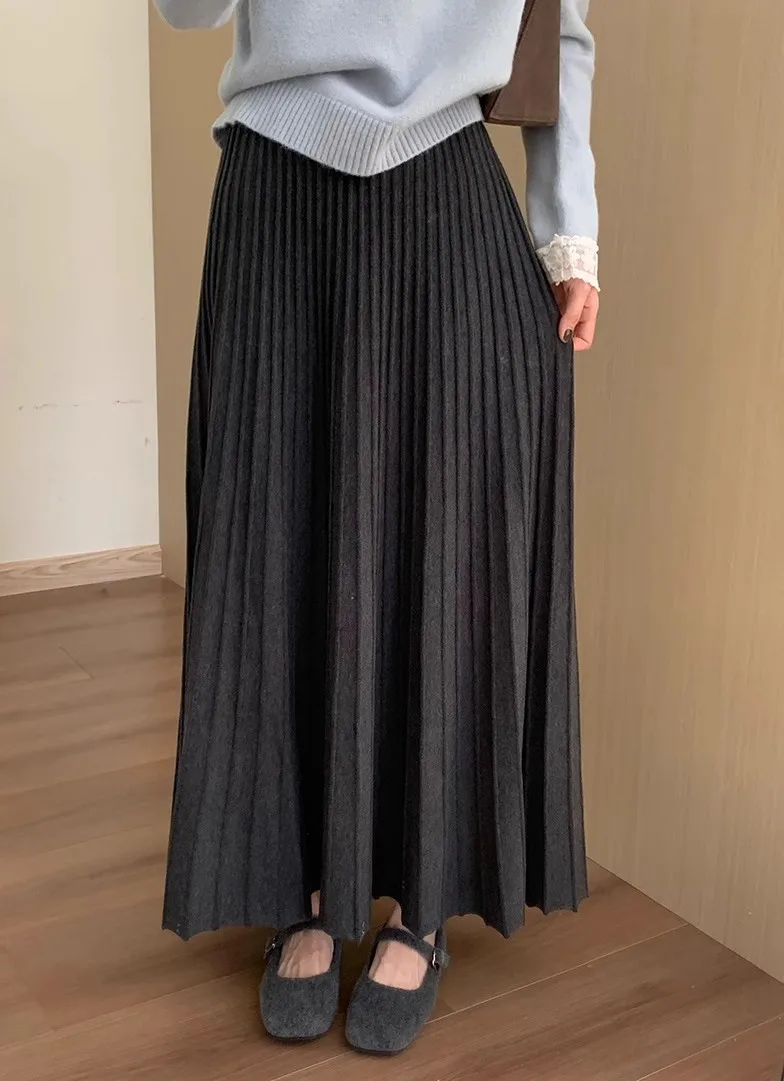 2026 Khaki Cashmere Knitted Midi Skirt for Women, Loose Fit, Draped, Slimming A-Line Pleated Skirt for Autumn and Winter