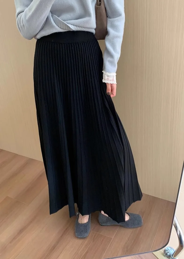 2026 Khaki Cashmere Knitted Midi Skirt for Women, Loose Fit, Draped, Slimming A-Line Pleated Skirt for Autumn and Winter