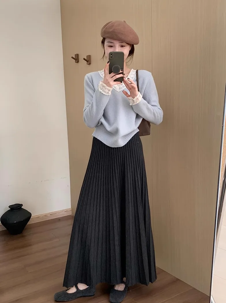 2026 Khaki Cashmere Knitted Midi Skirt for Women, Loose Fit, Draped, Slimming A-Line Pleated Skirt for Autumn and Winter