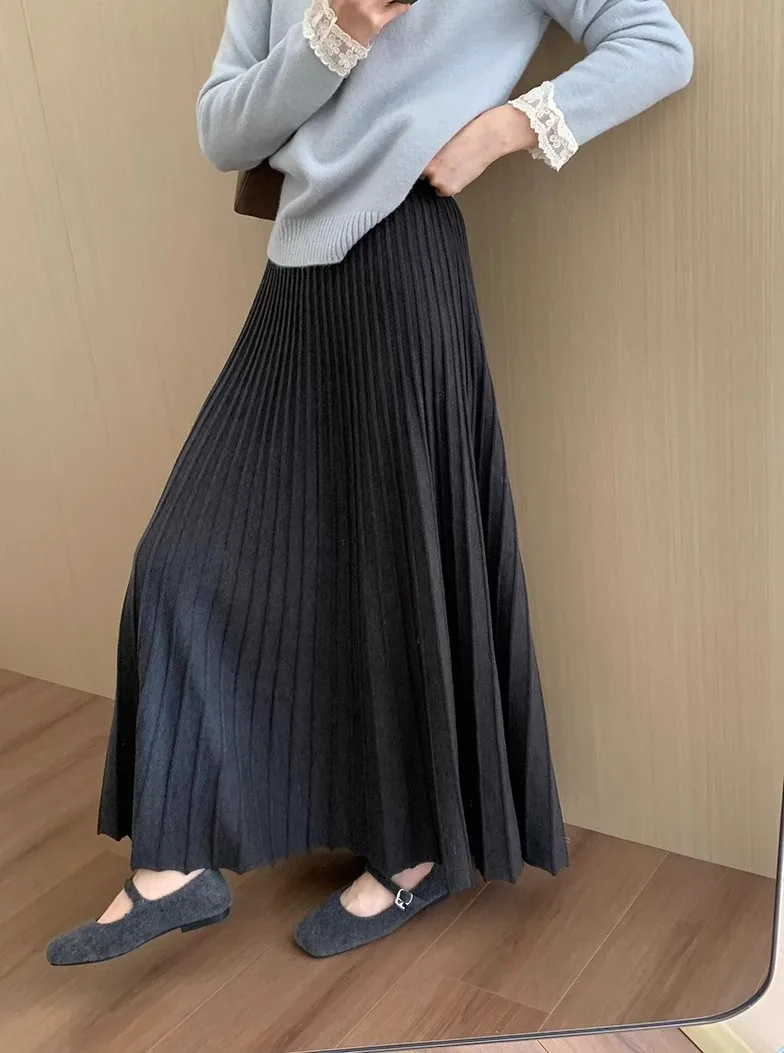2026 Khaki Cashmere Knitted Midi Skirt for Women, Loose Fit, Draped, Slimming A-Line Pleated Skirt for Autumn and Winter