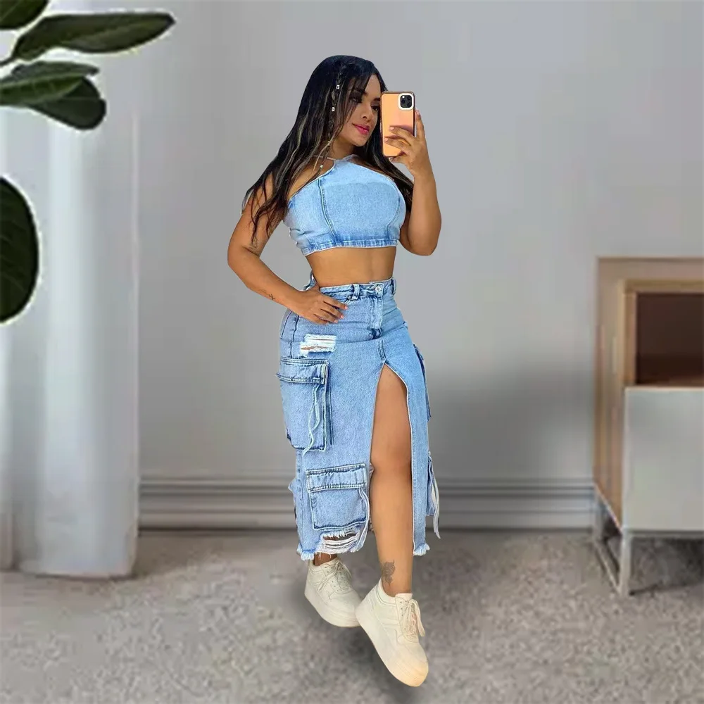 Mid Length Skirts Women Denim Skirt Hole Pockets A Line Slit Slim Y2k Streetwear Elegant Splice Y2k High Waist Summer 2025