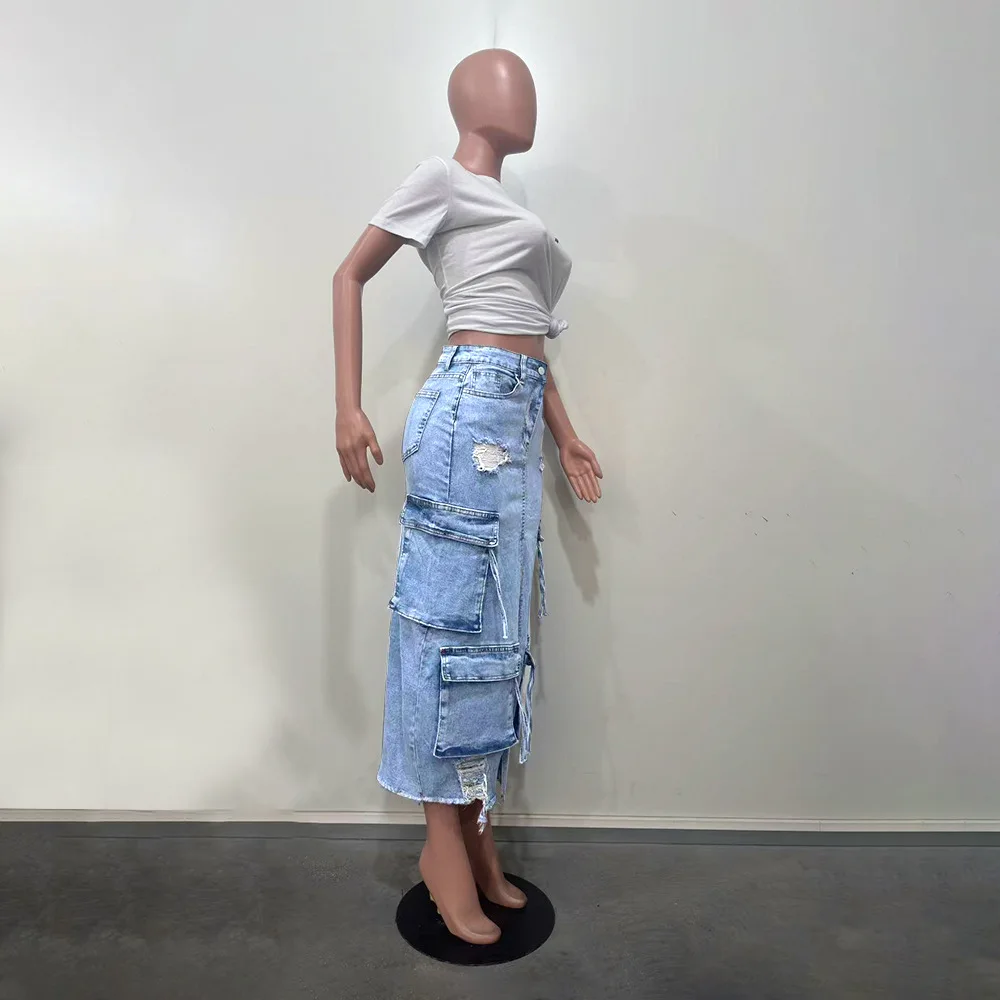 Mid Length Skirts Women Denim Skirt Hole Pockets A Line Slit Slim Y2k Streetwear Elegant Splice Y2k High Waist Summer 2025