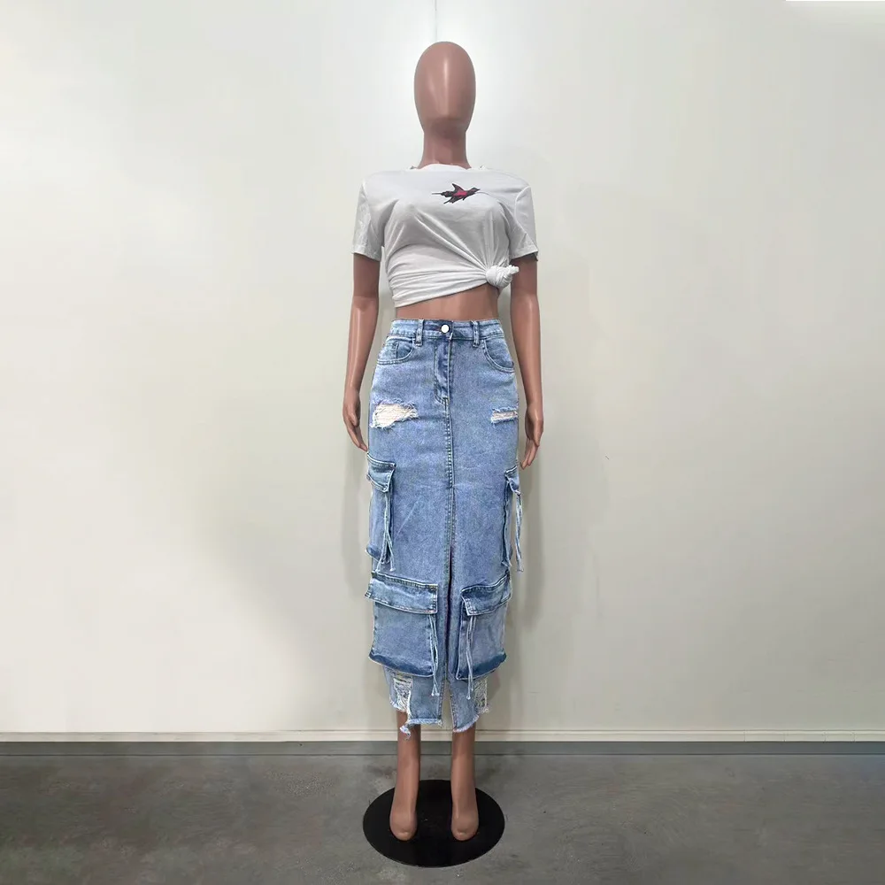 Mid Length Skirts Women Denim Skirt Hole Pockets A Line Slit Slim Y2k Streetwear Elegant Splice Y2k High Waist Summer 2025