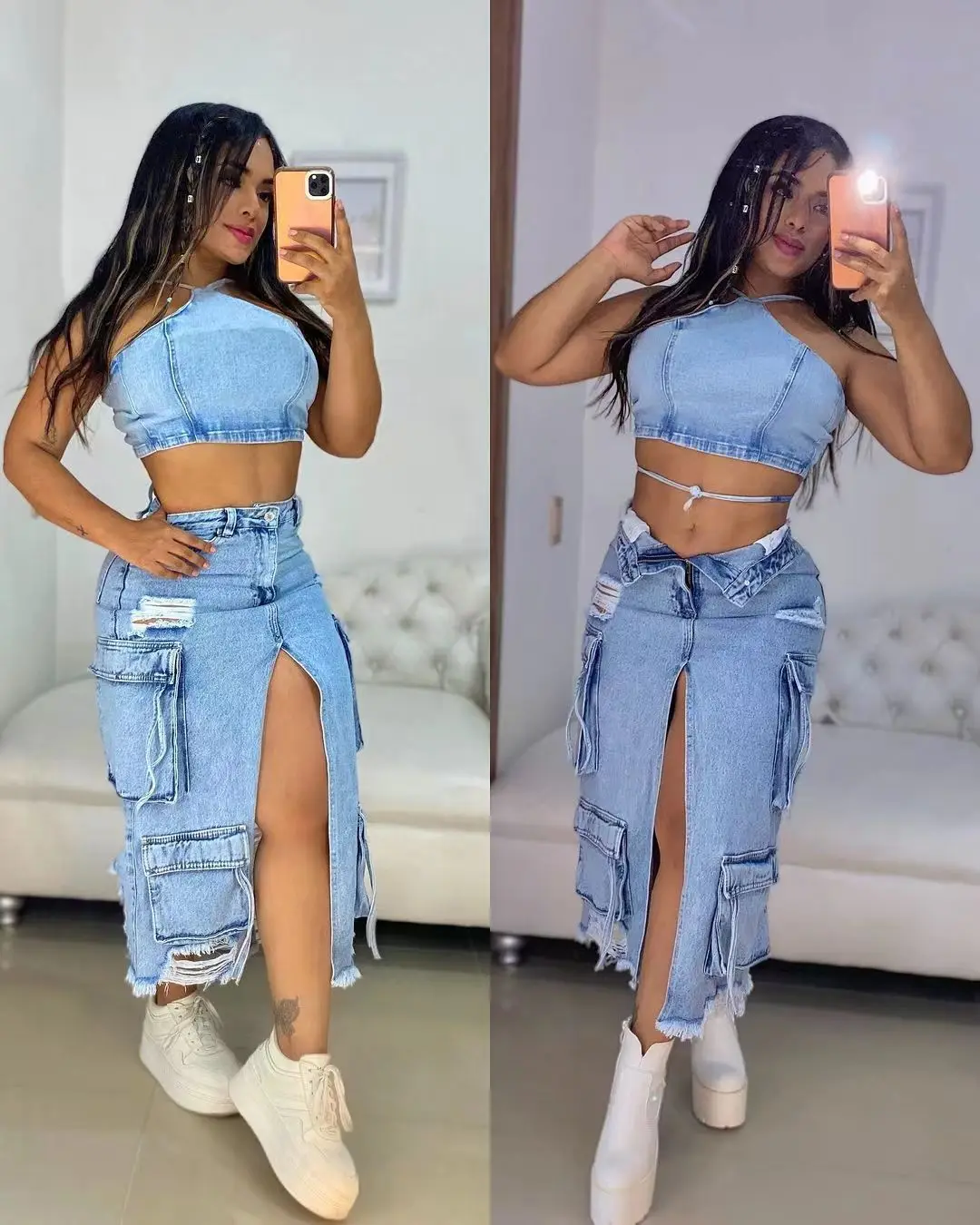 Mid Length Skirts Women Denim Skirt Hole Pockets A Line Slit Slim Y2k Streetwear Elegant Splice Y2k High Waist Summer 2025