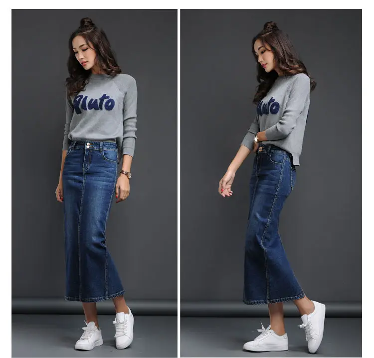 Classic Denim Women 2023 Long Jean Skirt High Waist Pencil Skirt Ladies Stretch Black Blue Faldas Largas Jupe Longue Femme