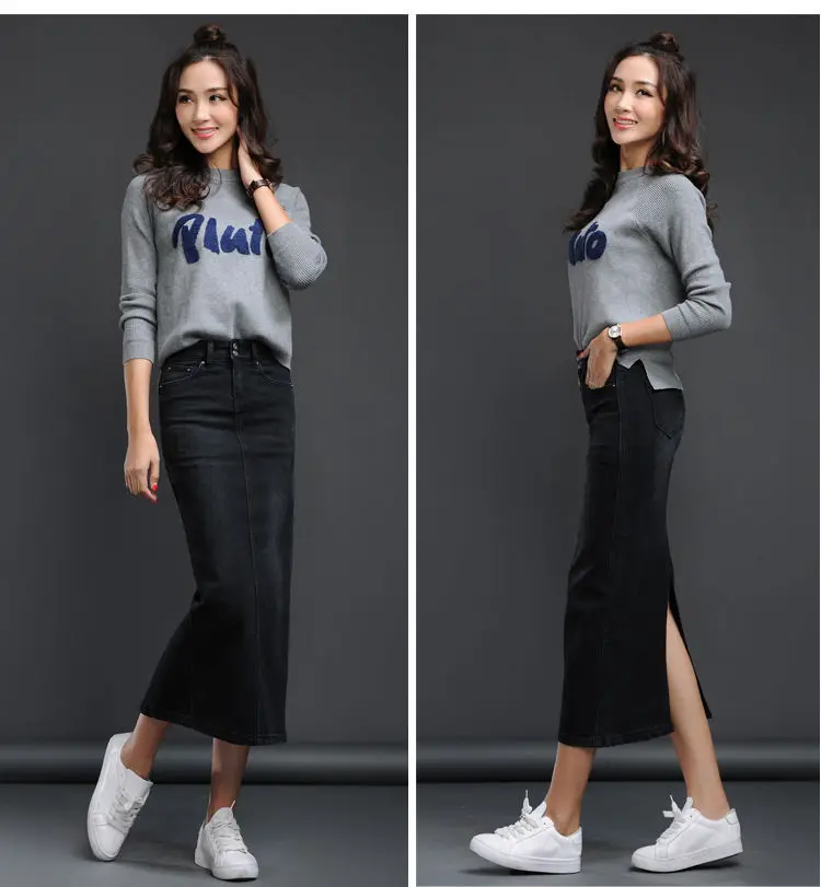 Classic Denim Women 2023 Long Jean Skirt High Waist Pencil Skirt Ladies Stretch Black Blue Faldas Largas Jupe Longue Femme