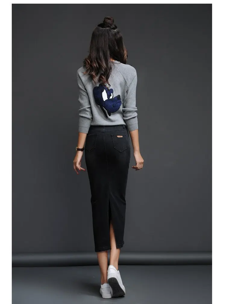 Classic Denim Women 2023 Long Jean Skirt High Waist Pencil Skirt Ladies Stretch Black Blue Faldas Largas Jupe Longue Femme