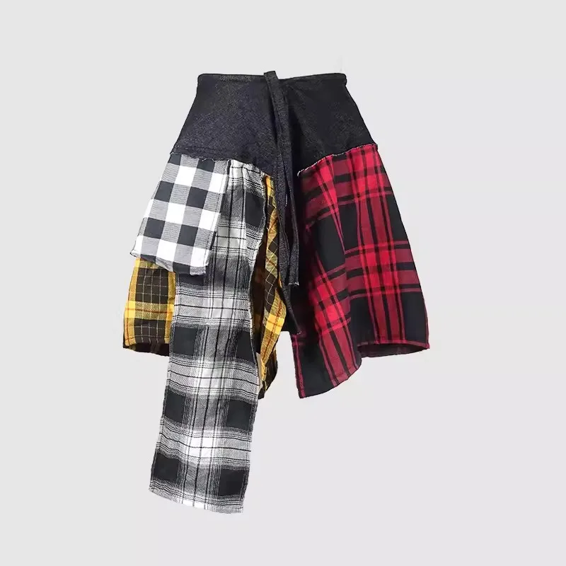 New Hip Hop Irregular Men and Women Fake Shirt Hem Spring Autumn False Shirt Skirt Half-body Denim Plaid Skirts Womens Jupe Saia