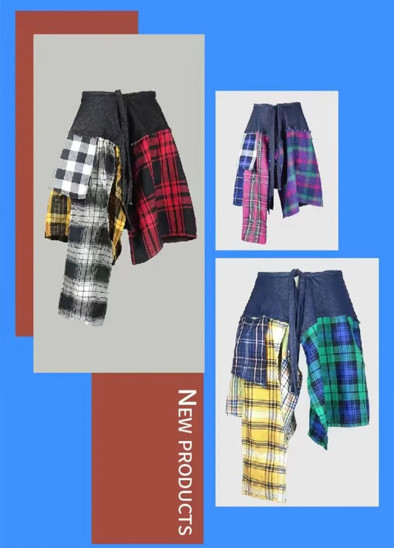 New Hip Hop Irregular Men and Women Fake Shirt Hem Spring Autumn False Shirt Skirt Half-body Denim Plaid Skirts Womens Jupe Saia