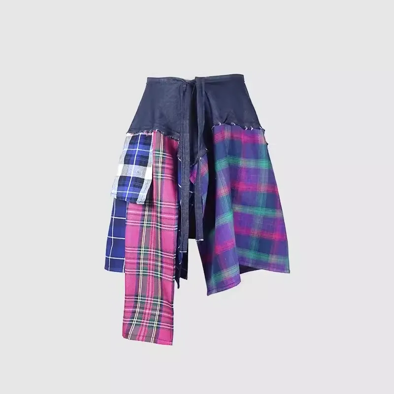 New Hip Hop Irregular Men and Women Fake Shirt Hem Spring Autumn False Shirt Skirt Half-body Denim Plaid Skirts Womens Jupe Saia