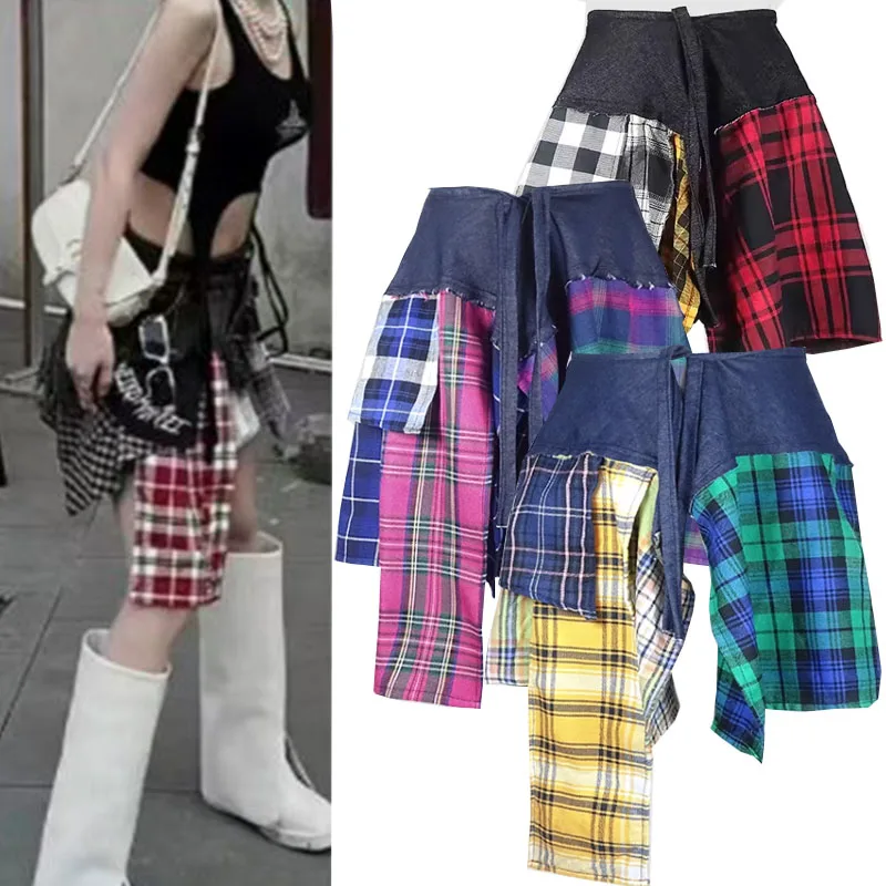 New Hip Hop Irregular Men and Women Fake Shirt Hem Spring Autumn False Shirt Skirt Half-body Denim Plaid Skirts Womens Jupe Saia
