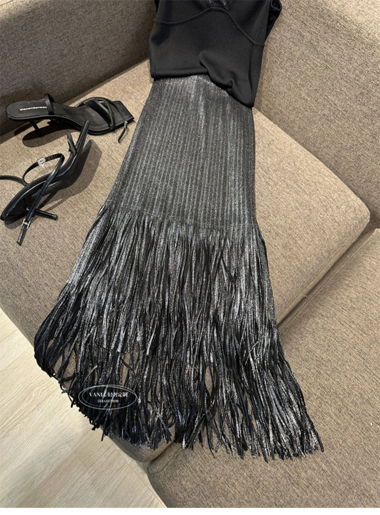 Miyake Pleated Summer New Women's Skirt Gold And Silver Shiny Silk Pleated Tassel High Waist Mid Length Skirt