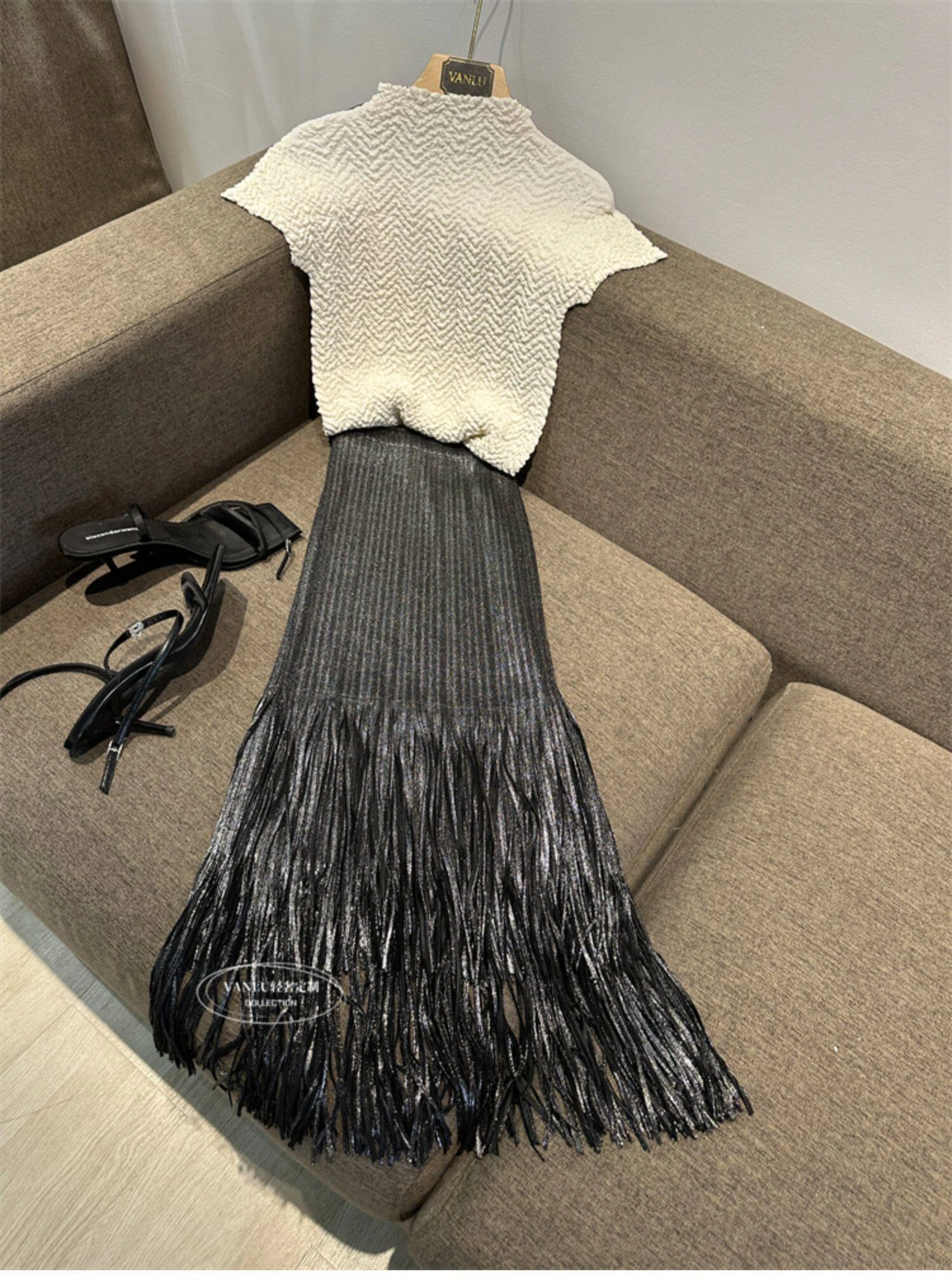 Miyake Pleated Summer New Women's Skirt Gold And Silver Shiny Silk Pleated Tassel High Waist Mid Length Skirt