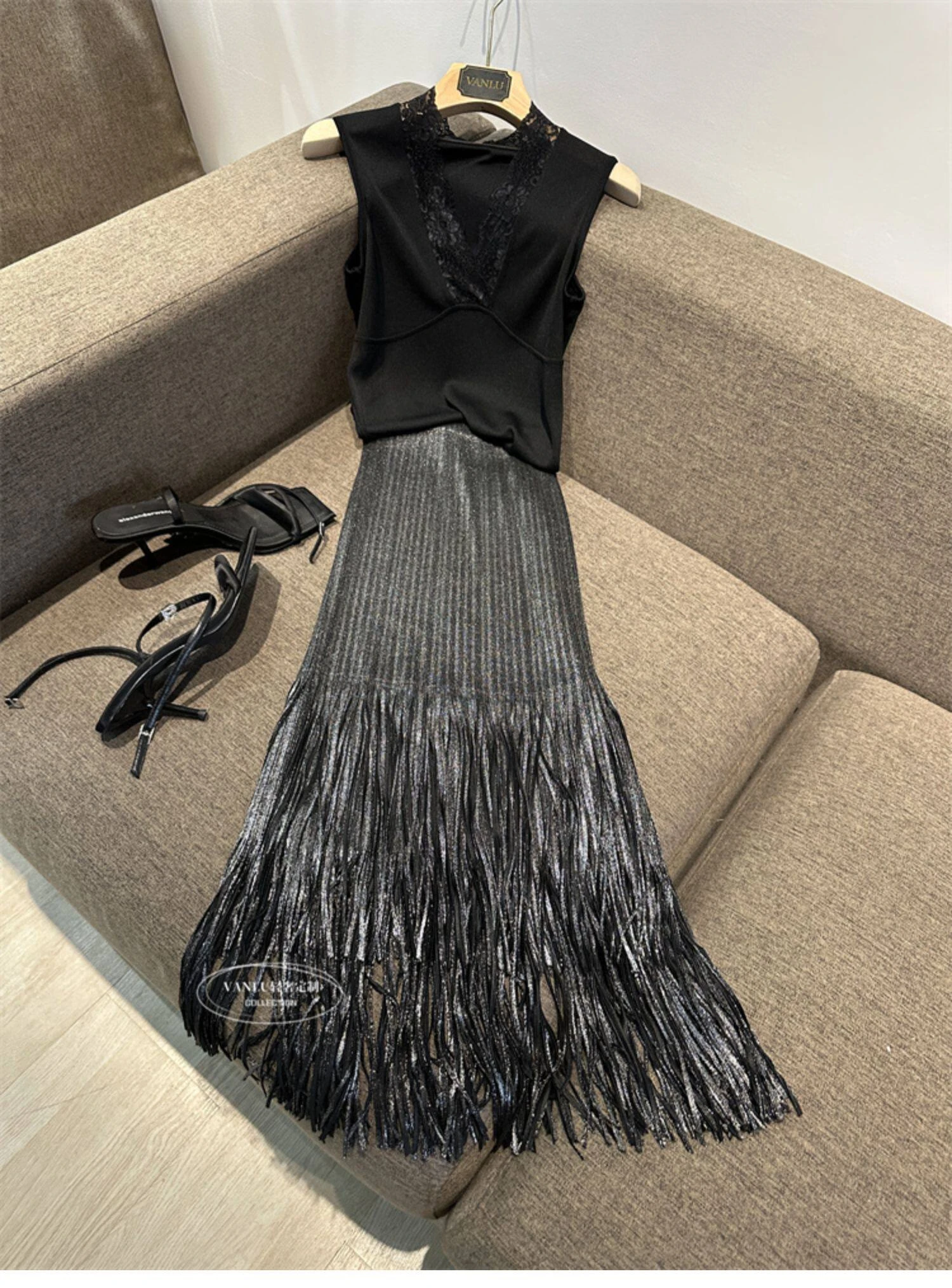 Miyake Pleated Summer New Women's Skirt Gold And Silver Shiny Silk Pleated Tassel High Waist Mid Length Skirt
