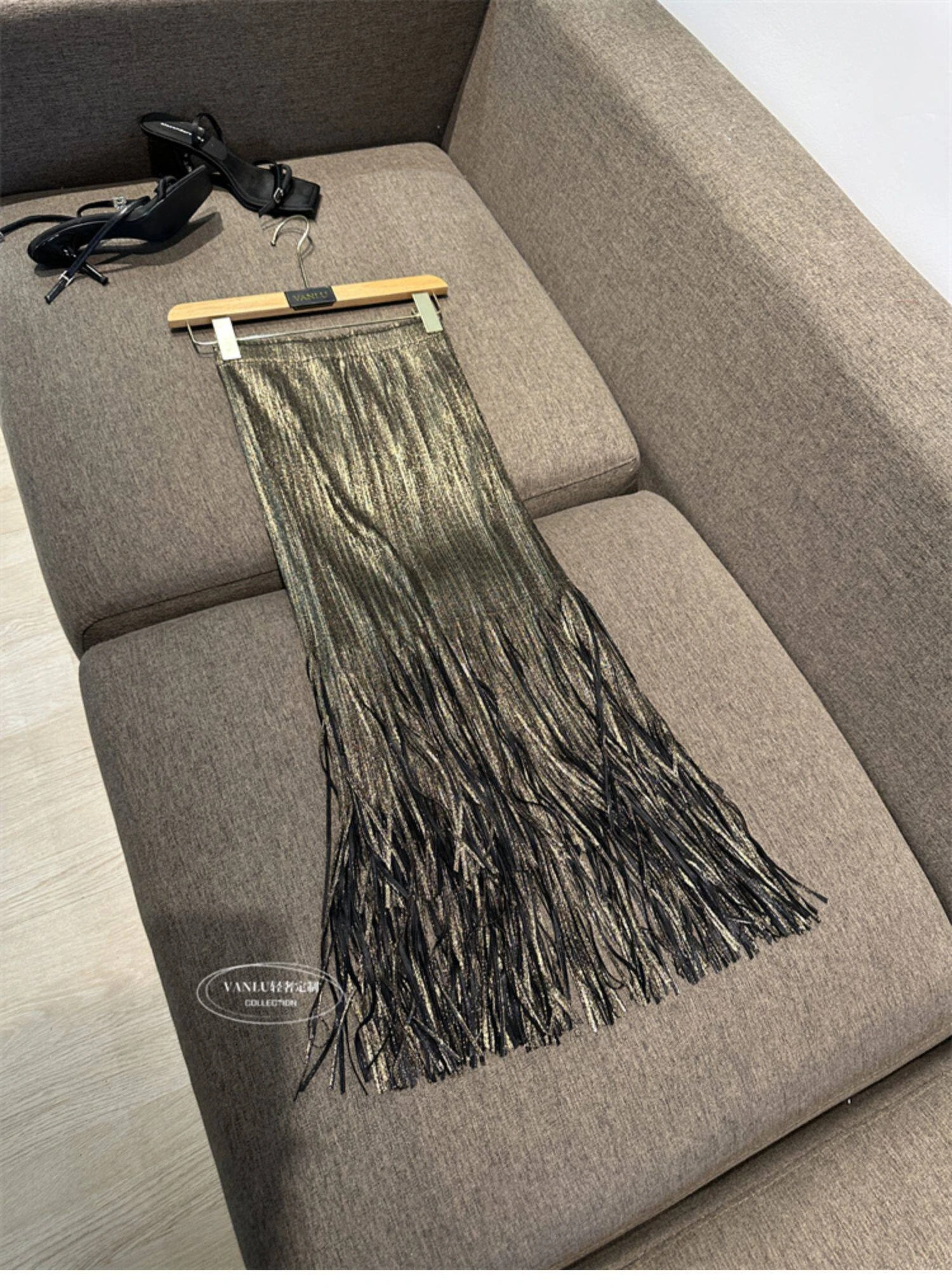 Miyake Pleated Summer New Women's Skirt Gold And Silver Shiny Silk Pleated Tassel High Waist Mid Length Skirt