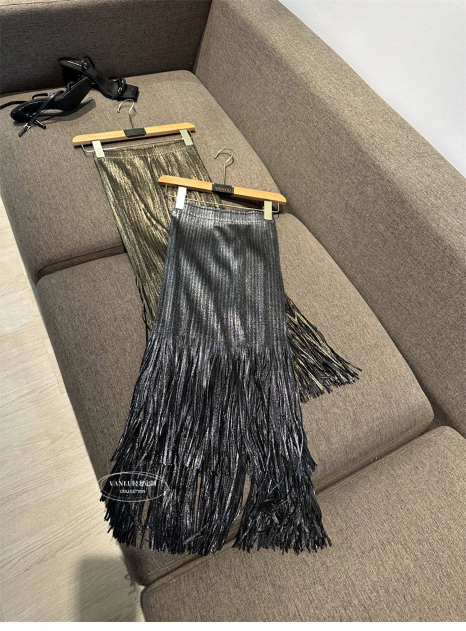 Miyake Pleated Summer New Women's Skirt Gold And Silver Shiny Silk Pleated Tassel High Waist Mid Length Skirt