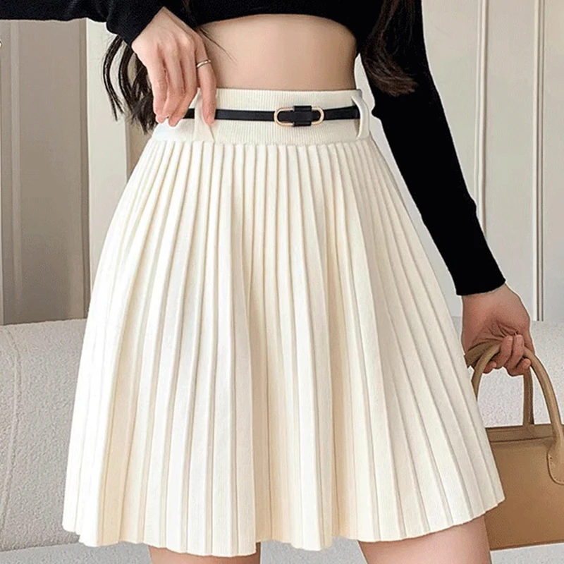 Korean High Waisted Mini Skirts Woman Summer Solid A-Line Knitting Skirts Women Pleated Mini Harajuku Ladies Short Dress