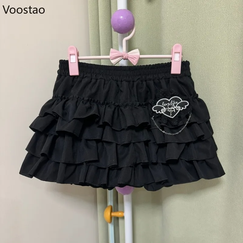 Gothic Y2k Lolita Mini Skirt Women Vintage Sexy Lace Love Hearts Ruffle Patchwork Punk Skirt Harajuku Cute High Waist Cake Skirt
