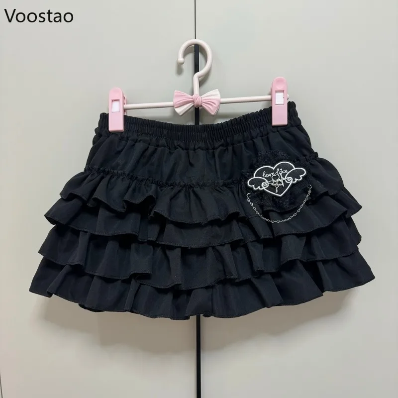 Gothic Y2k Lolita Mini Skirt Women Vintage Sexy Lace Love Hearts Ruffle Patchwork Punk Skirt Harajuku Cute High Waist Cake Skirt
