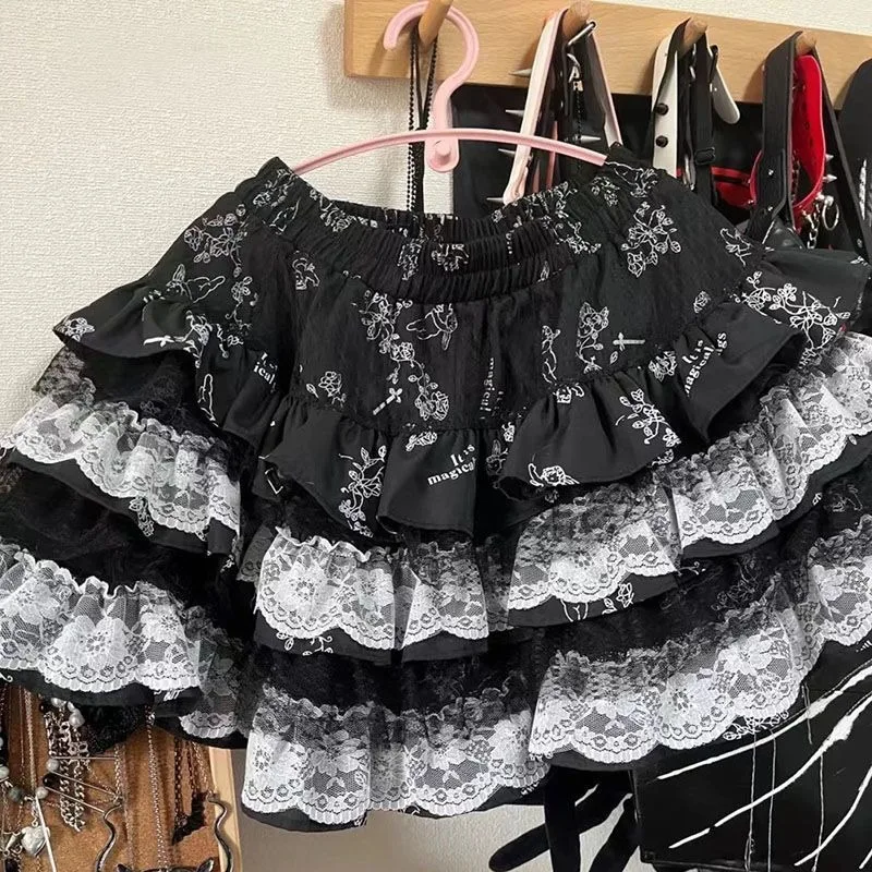 Women Japanese Subculture Harajuku Lace Punk Mini Skirt Women Gothic Sweet Hot Girl Vintage Tiered Cake Skirt New Y2K Fashion