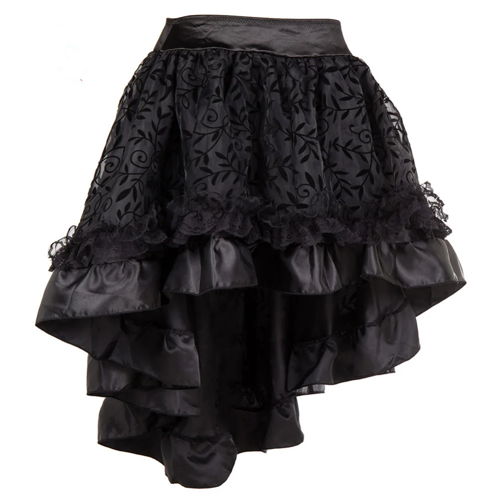 Women Steampunk Irregular Ruffle Pirate Skirt Gothic Autumn Winter Lace Trim Pleated Dancing Skirt Medieval Showgirl Party Dress