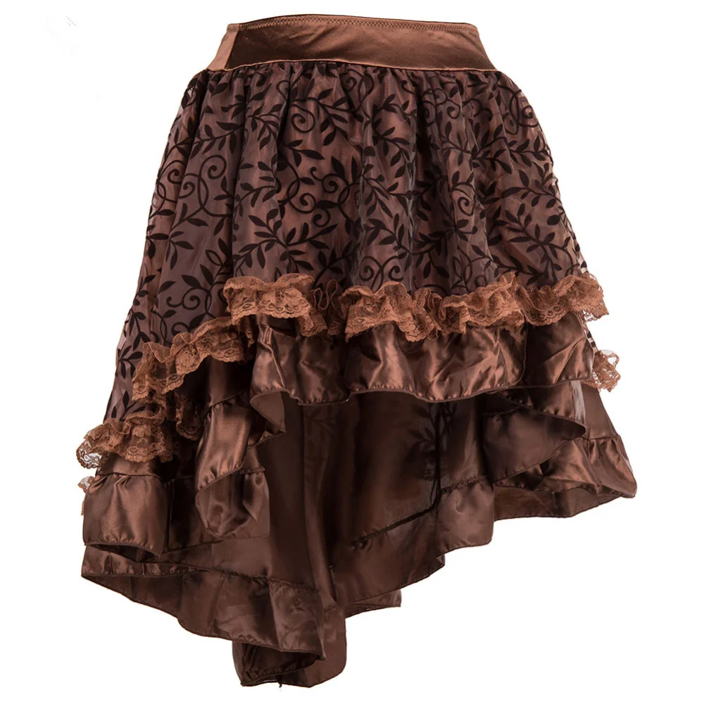 Women Steampunk Irregular Ruffle Pirate Skirt Gothic Autumn Winter Lace Trim Pleated Dancing Skirt Medieval Showgirl Party Dress
