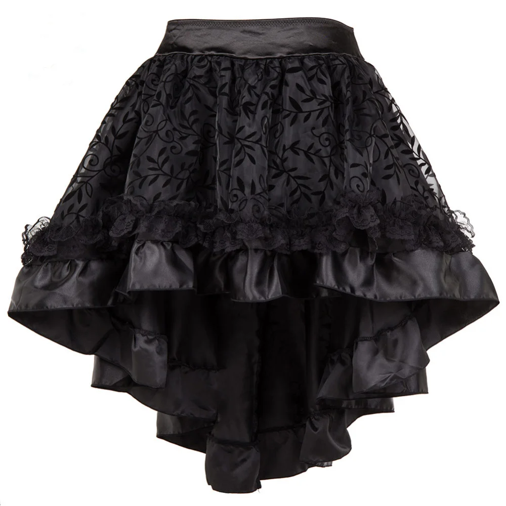 Women Steampunk Irregular Ruffle Pirate Skirt Gothic Autumn Winter Lace Trim Pleated Dancing Skirt Medieval Showgirl Party Dress