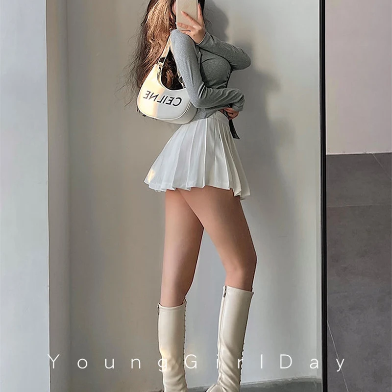MEXZT Streetwear Sexy Mini Skirt Women Y2K Irregular Pleated Skirts with Shorts Korean White Black Gyaru Tennis Extreme Skirt