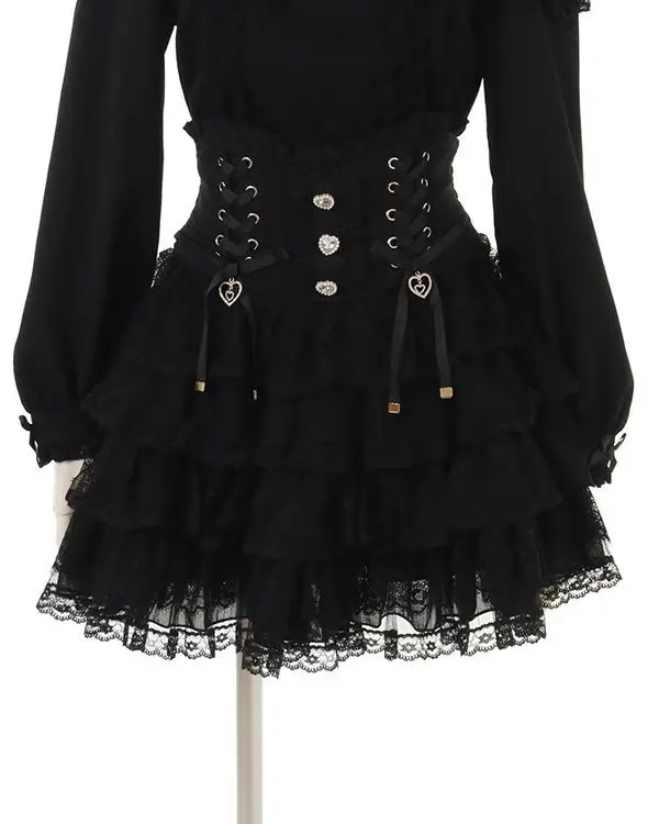 Japanese Sweet Lolita Style Mini Skirt Women Elegant Lace Bandage Party Cake Skirts Female Gothic Y2k Metal Buckle Skirt