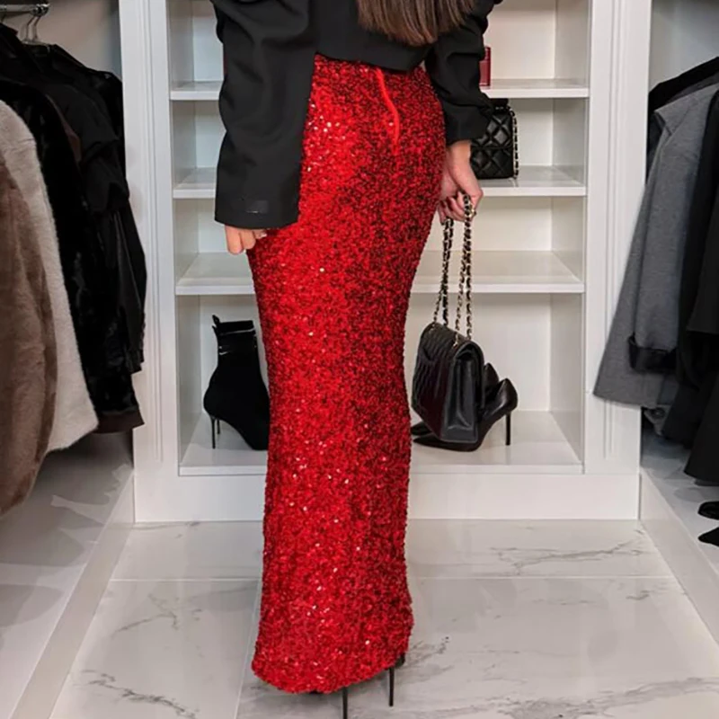 Fashion Elastic High-waisted Sequin Skirt Women Sexy Slim Fit Bodycon Long Skirt New Spring Autumn Party Straight Skirts Veditos