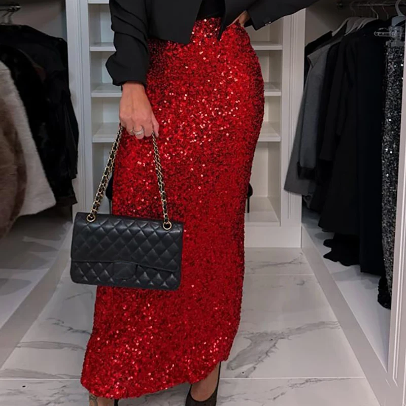 Fashion Elastic High-waisted Sequin Skirt Women Sexy Slim Fit Bodycon Long Skirt New Spring Autumn Party Straight Skirts Veditos