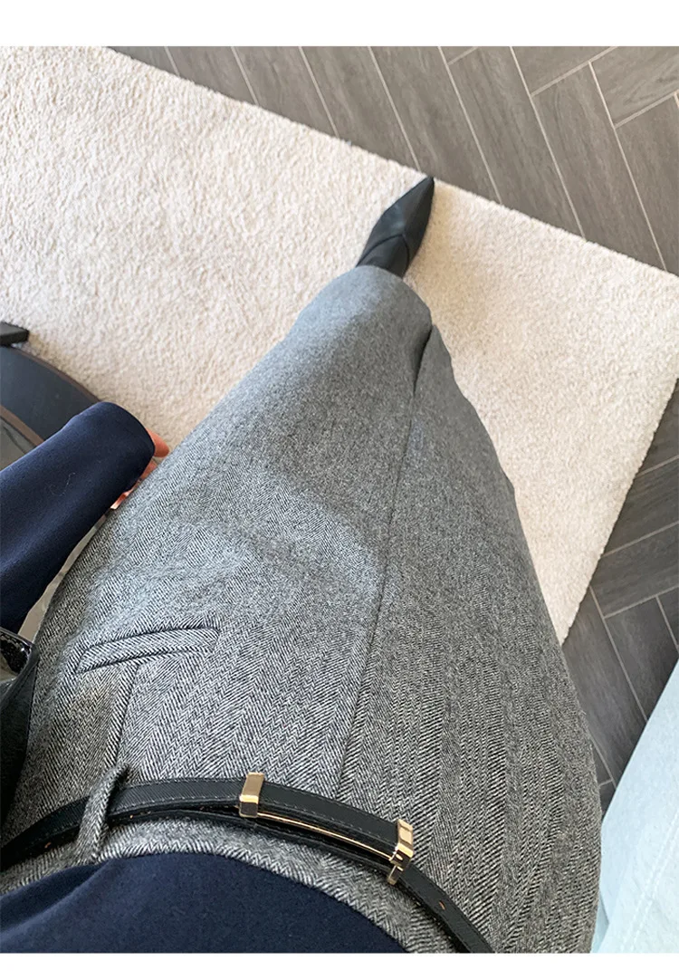 Gray Pencil Skirts Belted Elegant Women Slim Office Ladies Casual A-Line High Waist Split Midi Skirt Autumn Winter