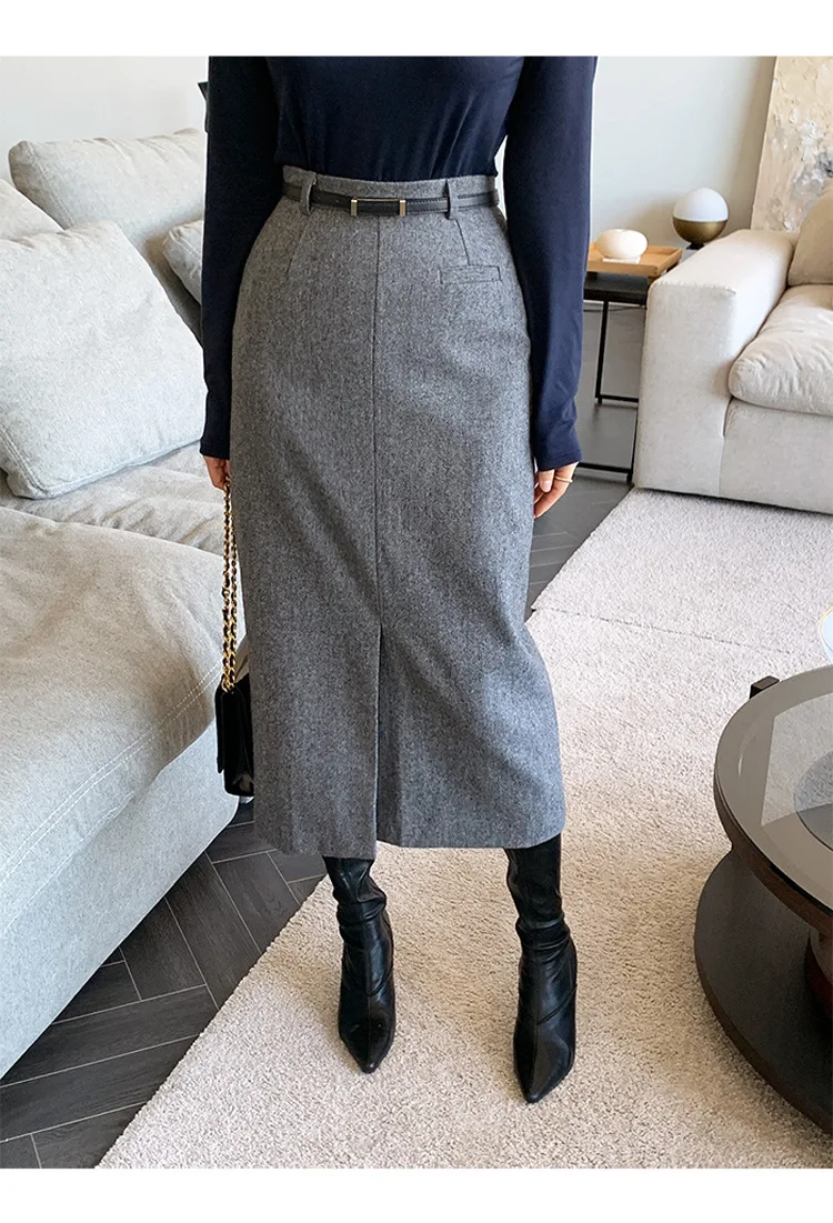 Gray Pencil Skirts Belted Elegant Women Slim Office Ladies Casual A-Line High Waist Split Midi Skirt Autumn Winter