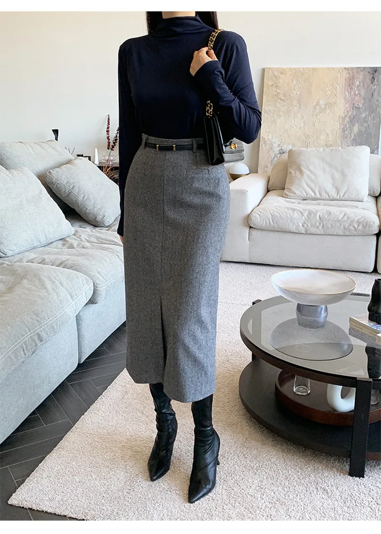 Gray Pencil Skirts Belted Elegant Women Slim Office Ladies Casual A-Line High Waist Split Midi Skirt Autumn Winter