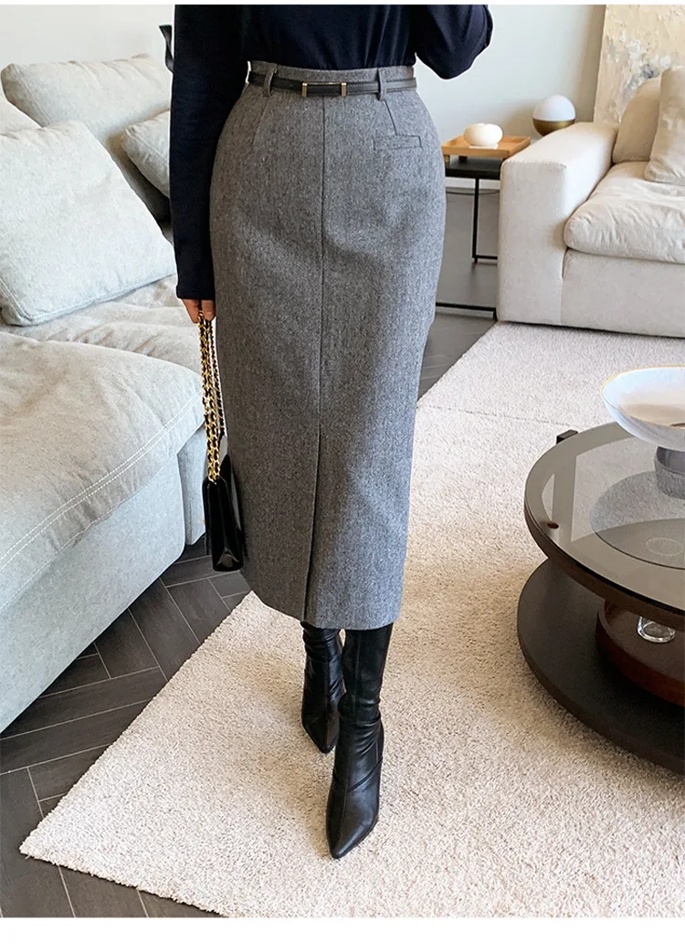 Gray Pencil Skirts Belted Elegant Women Slim Office Ladies Casual A-Line High Waist Split Midi Skirt Autumn Winter
