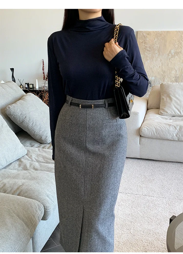 Gray Pencil Skirts Belted Elegant Women Slim Office Ladies Casual A-Line High Waist Split Midi Skirt Autumn Winter