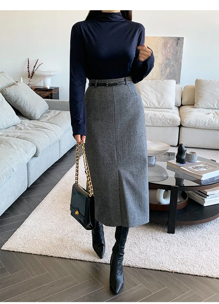 Gray Pencil Skirts Belted Elegant Women Slim Office Ladies Casual A-Line High Waist Split Midi Skirt Autumn Winter