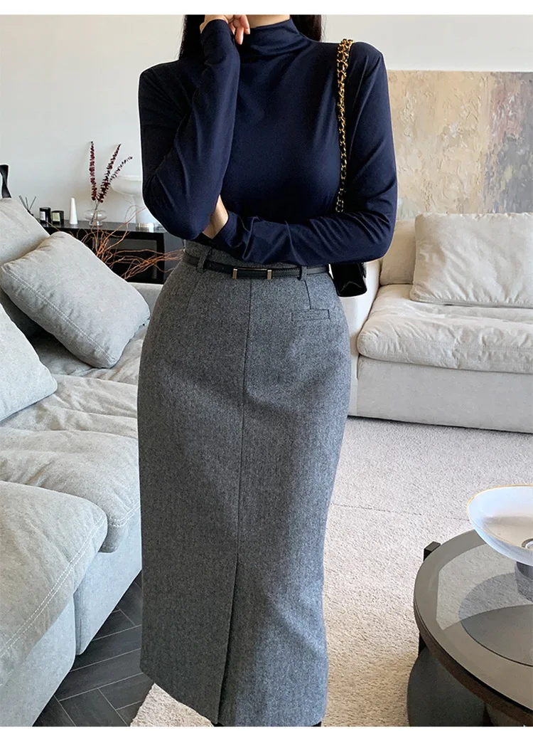 Gray Pencil Skirts Belted Elegant Women Slim Office Ladies Casual A-Line High Waist Split Midi Skirt Autumn Winter