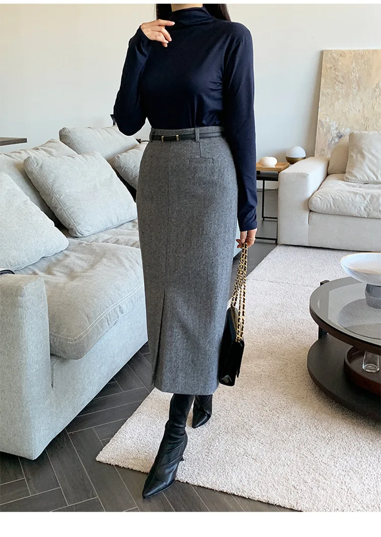 Gray Pencil Skirts Belted Elegant Women Slim Office Ladies Casual A-Line High Waist Split Midi Skirt Autumn Winter