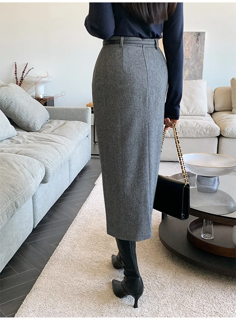 Gray Pencil Skirts Belted Elegant Women Slim Office Ladies Casual A-Line High Waist Split Midi Skirt Autumn Winter