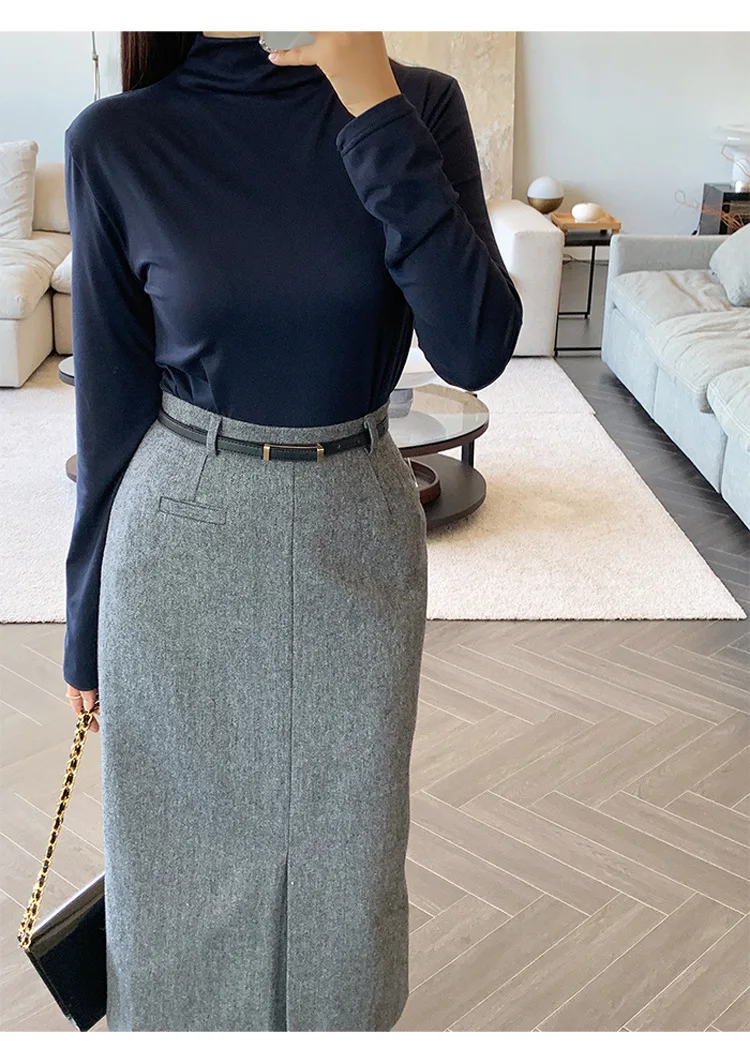 Gray Pencil Skirts Belted Elegant Women Slim Office Ladies Casual A-Line High Waist Split Midi Skirt Autumn Winter