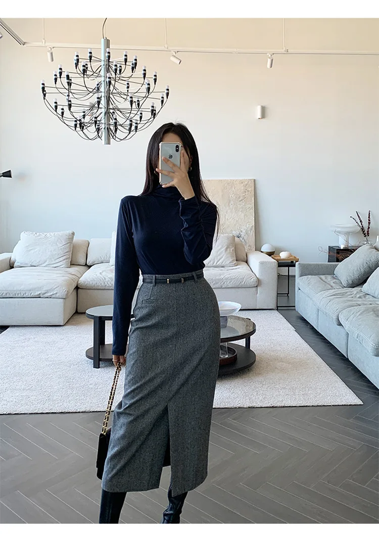 Gray Pencil Skirts Belted Elegant Women Slim Office Ladies Casual A-Line High Waist Split Midi Skirt Autumn Winter