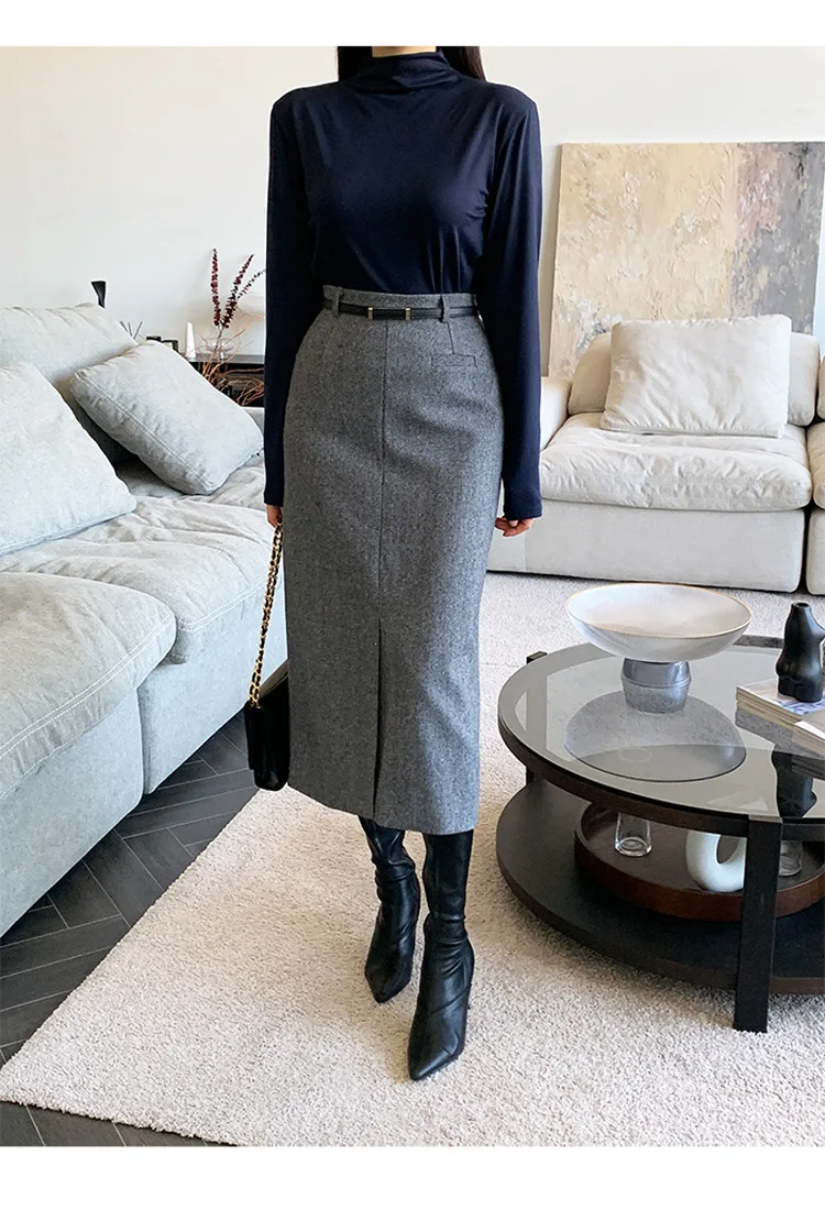 Gray Pencil Skirts Belted Elegant Women Slim Office Ladies Casual A-Line High Waist Split Midi Skirt Autumn Winter