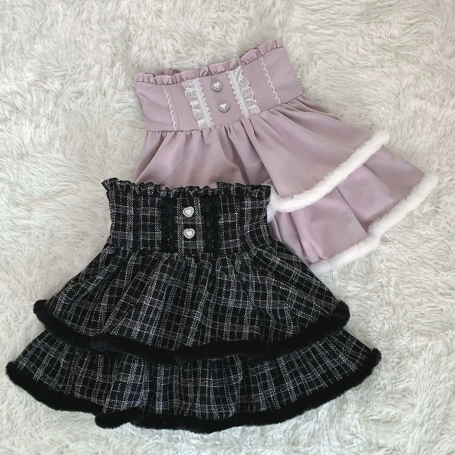 Japanese Harajuku Kawaii Tweed Mini Skirt Plaid Furry Edge Double Layer Ruffle Heart Buttons Y2K High Waist Slim Outfit Women
