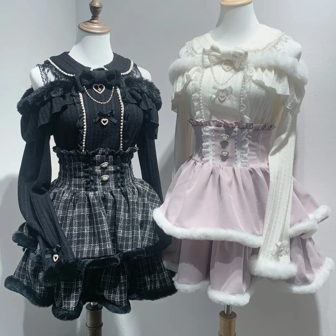 Japanese Harajuku Kawaii Tweed Mini Skirt Plaid Furry Edge Double Layer Ruffle Heart Buttons Y2K High Waist Slim Outfit Women