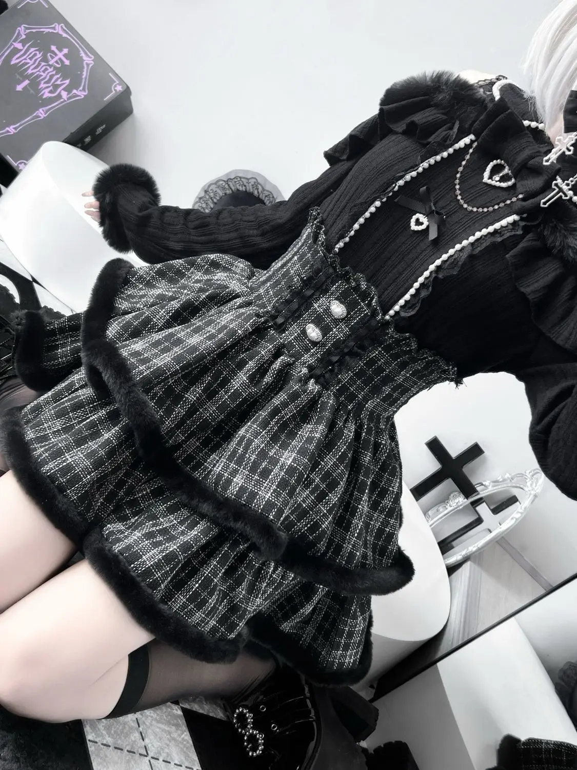 Japanese Harajuku Kawaii Tweed Mini Skirt Plaid Furry Edge Double Layer Ruffle Heart Buttons Y2K High Waist Slim Outfit Women
