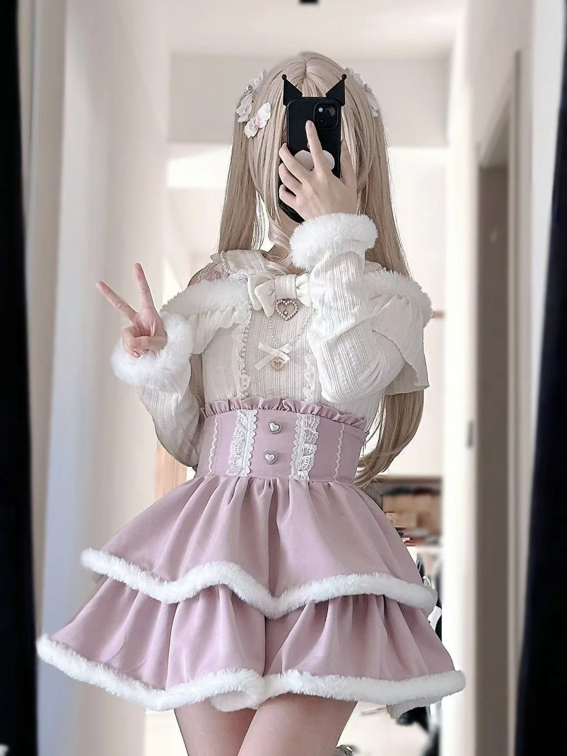 Japanese Harajuku Kawaii Tweed Mini Skirt Plaid Furry Edge Double Layer Ruffle Heart Buttons Y2K High Waist Slim Outfit Women