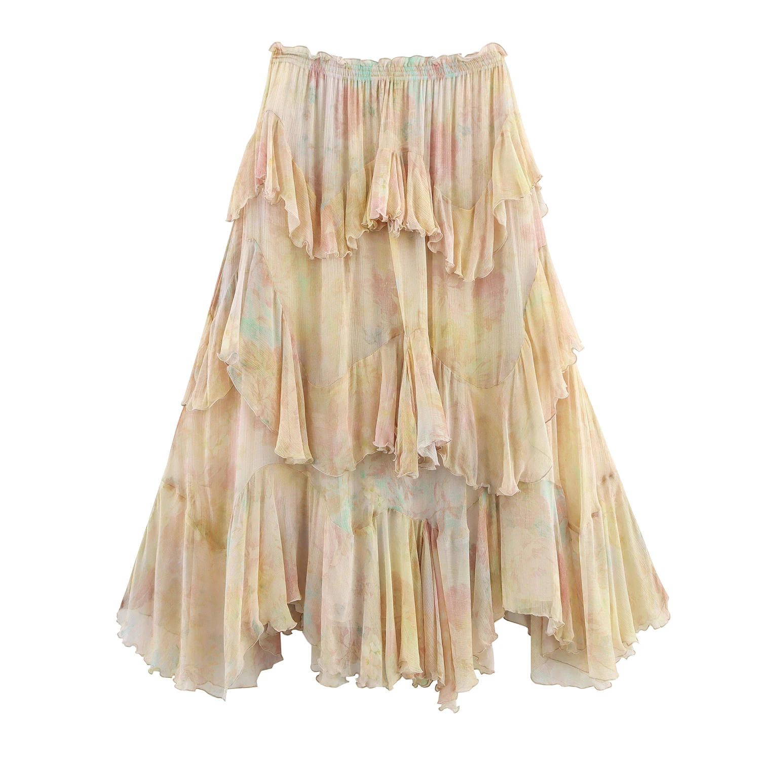 Women Summer Vintage Floral Printed Women Skirt Elegant Ruffle Hem Loose Irregular High Waist Midi Skirt Women Clothes 3694011