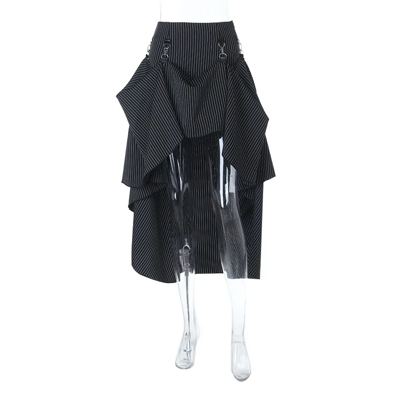 Goth Dark Women Fashion Striped Zipper Skirts Alt Streetwear Cyber Y2K Bottoms Mall Gothic Big Swing Skirt Casual Holiday Outfit