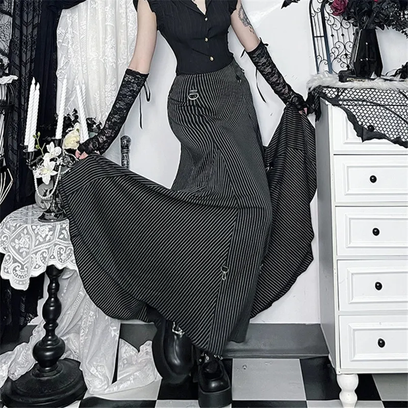 Goth Dark Women Fashion Striped Zipper Skirts Alt Streetwear Cyber Y2K Bottoms Mall Gothic Big Swing Skirt Casual Holiday Outfit